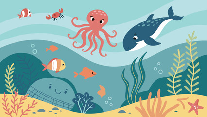 Fototapeta premium A cheerful underwater scene featuring an octopus, whale, and colorful fish, creating a lively aquatic atmosphere.