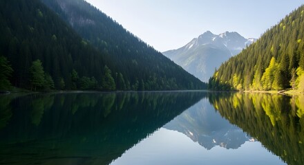 Fototapeta premium Serene Mountain Lake Reflecting Verdant Slopes