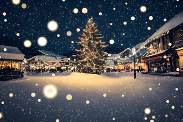 Magical Winter Village Square Illuminated by Festive Christmas Tree and Twinkling Lights