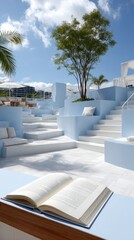 Naklejka premium A book lies on a table on a ship deck, accompanied by a phone and energy drink, with wind turbines in the sunny St-Michel-en-Romain