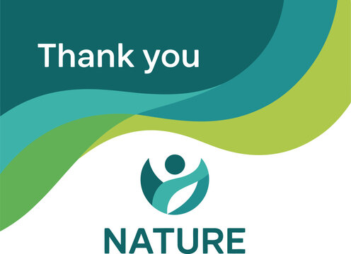 A thank you card featuring a nature logo with contact information and a qr code design element