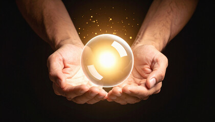 Hands Holding Glowing Crystal Ball on Black Background