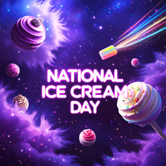 National Ice Cream Day: Whimsical Cosmic Treats, Neon Sign, Festive Mood
