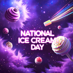 National Ice Cream Day: Whimsical Cosmic Treats, Neon Text, Festive Mood
