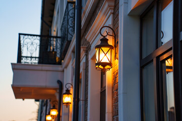 A modern building in a classic style with French balconies. evening lighting