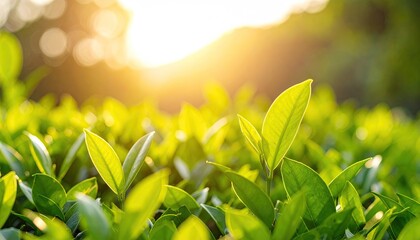 Obraz premium Fresh tea leaves bathed in sunlight