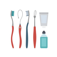 Dental tools including toothbrushes, floss, and mouthwash bottle  