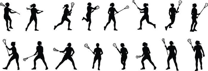 Silhouettes of female athletes playing lacrosse, women sports action poses, lacrosse stick technique, isolated vector illustration for design, training
