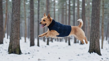 A small terrier dog wearing a blue knitted sweater jumps joyfully through a snowy forest during winter
