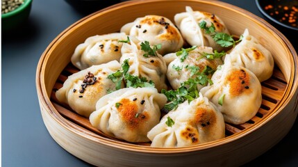 Delicious Bowl of Dumplings with Tasty Sauce on Rustic Wooden Table