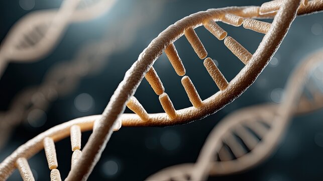 A stunning double helix DNA structure glows in a dark space background, showcasing intricate golden details and cinematic lighting