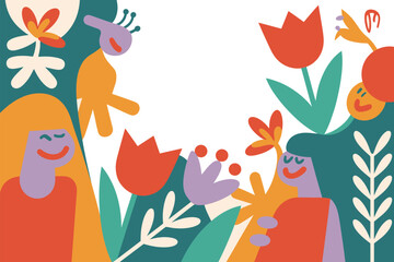 Groovy retro spring flower power with smiling girls, a colorful seventies-style botanical illustration perfect for a fun, organic design.