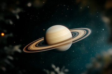 Vibrant ringed exoplanet with colorful bands set against a starry background in the cosmos