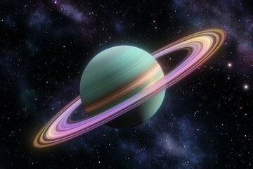 Naklejka premium Vibrant ringed exoplanet showcasing colorful rings in a distant galaxy taken from a virtual space exploration setting