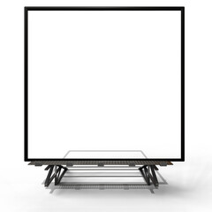 black television rests on a minimalist, dark-grey stand.  The screen is off, showcasing a uniformly...