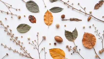 A flat lay composition of colorful autumn leaves in red, orange, yellow, and brown, interspersed with delicate twigs and small dried seed pods on a clean white background.