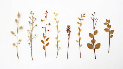A minimalist overhead shot of various dried botanical elements including brown leaves, delicate white blossoms, bare twigs, and small seed pods, meticulously arranged on a clean white background.