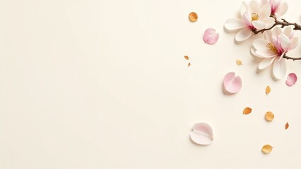A minimalist flat lay featuring soft pink magnolia buds and one white flower on a branch, accented by scattered autumn leaves in warm tones, all set on a smooth cream background.