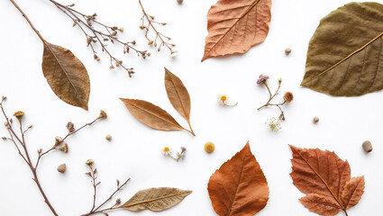 A flat lay composition of colorful autumn leaves in red, orange, yellow, and brown, interspersed with delicate twigs and small dried seed pods on a clean white background.