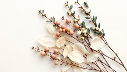 A minimalist flat lay of delicate branches adorned with soft pink berries and pale, dried leaves, all elegantly arranged on a clean white background.