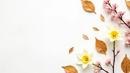 A minimalist flat lay of bright white daffodils, delicate pink cherry blossoms on branches, and scattered dried brown leaves, all arranged on a clean white background.