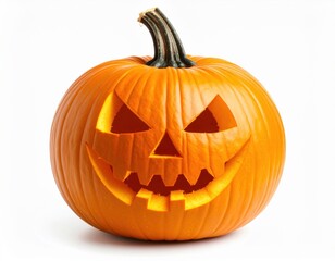 Fototapeta premium Bright orange pumpkin featuring a scary, wide open grinning face, casting a subtle warm glow on a clean white background, ideal for autumn seasonal themes.