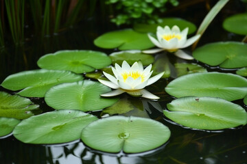 Serene pond with floating white lilies and lush green lily pads in a tranquil natural setting