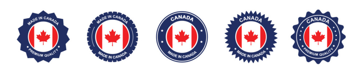 Canada product label set. Canadian flag, premium made in Canada. Labels, seals, stamps, flags, icons