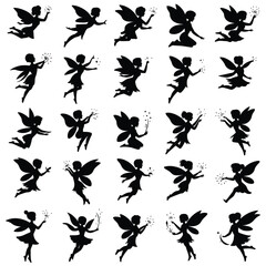 Black silhouette fairies with wings and sparkles on white background