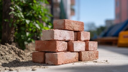 Neatly arranged stack of facing bricks outdoors on sunny day for construction and landscaping.