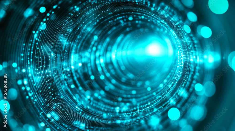 Poster dynamic blue light patterns create a swirling visual effect in a futuristic setting