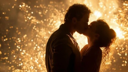 Romantic moment: A couple embracing and kissing beneath a dazzling display of fireworks - Powered by Adobe