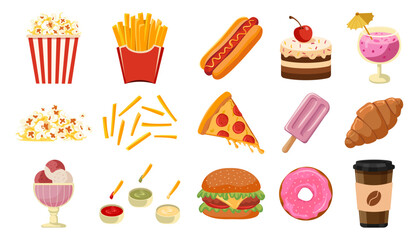Set of fast food icons. French fries, hamburger, hot dog, popcorn, pizza, croissant, brownie, coffee, donut, ice cream and shake. Vector illustration white background