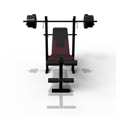 A dark-grey and maroon weight bench with integrated barbell supports, featuring padded backrest and seat, adjustable height, and attached weight plates.  The bench is isolated