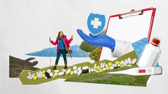 Collage with woman hiking near medicine collage with pills thermometer and medical glove. Concept of healthcare access for travelers, pharmaceutical safety, outdoor emergency prevention, joyful mood.