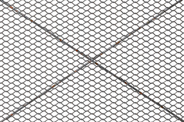 Close-up of a dark metallic mesh grid with a diamond pattern, showing signs of rust and wear,...