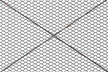 Close-up of a dark metallic mesh grid with a diamond pattern, showing signs of rust and wear, speckled with tiny multicolored particles. The grid is intersected by two prominent diagonal lines