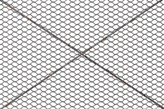 Close-up of a dark metallic mesh grid with a diamond pattern, showing signs of rust and wear, speckled with tiny multicolored particles.  The grid is intersected by two prominent diagonal lines