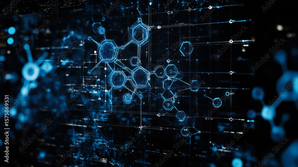 Aufkleber Exploring futuristic technology with abstract molecular structures and digital patterns in a dark environment