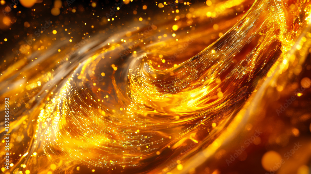 Poster dynamic golden swirl with sparkles in a dark background creates a mesmerizing visual experience