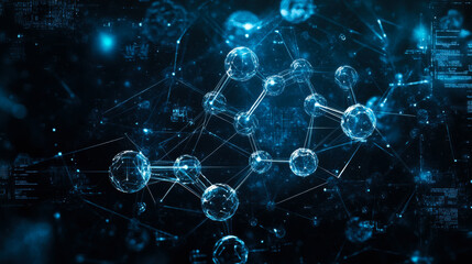 Obraz premium Visual representation of molecular structures in a futuristic digital environment with blue highlights and glowing nodes