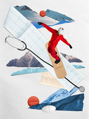 Cut out collage with snowboarder in red suit riding ECG paper slope with stethoscope and pills....