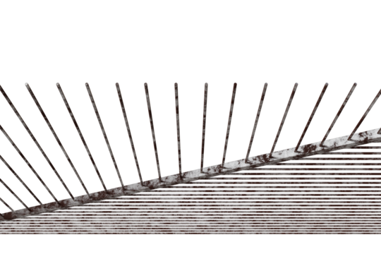 angular structure resembling a steeply inclined plane or ramp, vertical rods projecting upwards.slightly uneven in length, converge towards a central point, creating a radiating pattern