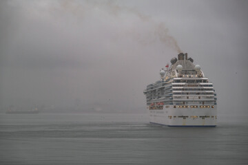 Modern Princess cruiseship cruise ship liner Coral arrival into Vancouver, Canada port on grey...