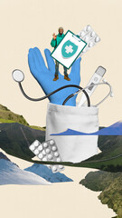 Collage with smiling male hiker standing on blue glove holding medical clipboard and stethoscope....