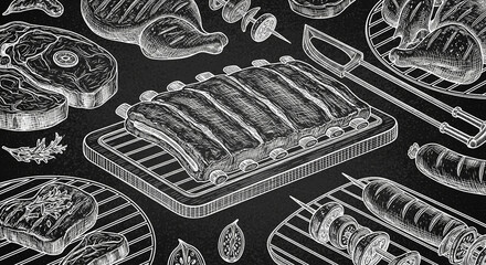 Chalkboard drawing of various grilled meats: ribs, steaks, chicken, sausages, kebabs, showcasing grilling concept, perfect for restaurant menus or BBQ promotions