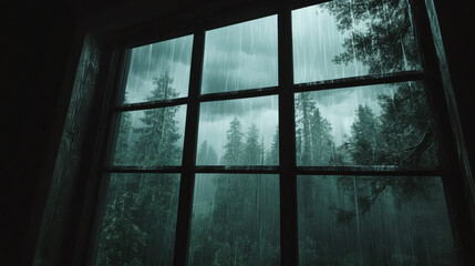 Rain pours down the window as dark clouds loom over a dense forest