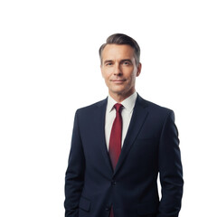 A confident and professional businessman in a dark suit and red tie poses for a studio portrait isolated on transparent background
