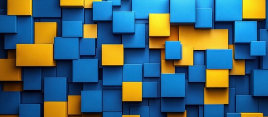 Abstract Wall of Interlocking Blue and Yellow Cubes
