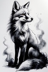 Fototapeta premium Detailed Black Ink Fox Illustration With Smoky Background